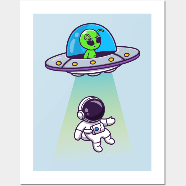 Cute Alien Spaceship UFO Invasion Astronaut Cartoon Wall Art by Catalyst Labs